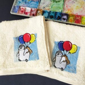 風船とペンギンの刺繍タオルハンカチ